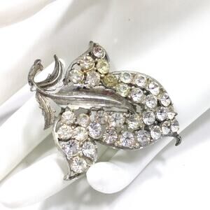 Vintage Leaf Brooch, Clear Rhinestones, Silver Tone, 1940s Jewelry